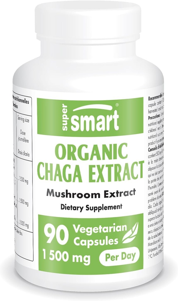 SuperSmart Organic Chaga günde 1500 mg (High Strength) - Wild & Hand Picked Chaga Mushrooms Supplement | Non-GMO & Gluten Free - 90 Vegetarian Capsules