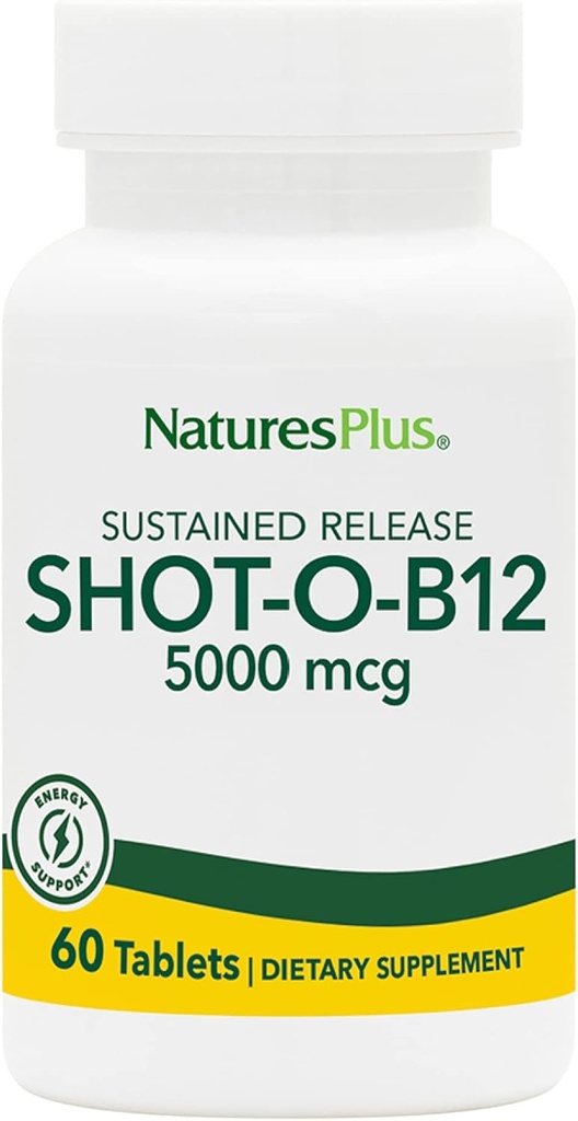 Natures Plus Shot-O-B12 (Methylcobalamin), Sustained Release - 5000 mcg, 60 Vejetaryen Tabletler - Yüksek Potency, Fast Acting B12 Supplement - Memory & Energy Alert - Gluten-Free - 60 Hizmetler