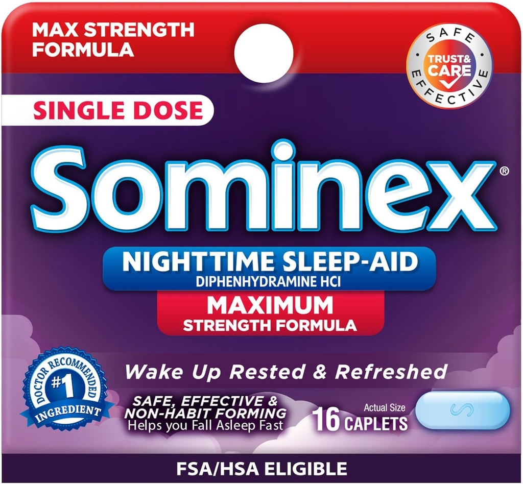 Sominex Nighttime Sleep-Aid Tabletleri, maksimum Güçlü Formula, Single Dose, Assorted, 16 Count