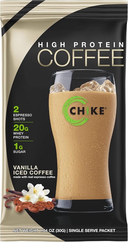 CHIKE Vanilla High Protein Iced Coffee, 20 G Protein, 2 Shots Espresso, 1 G Sugar, Keto Friendly and Gluten Free, 12 Single Serve Packets