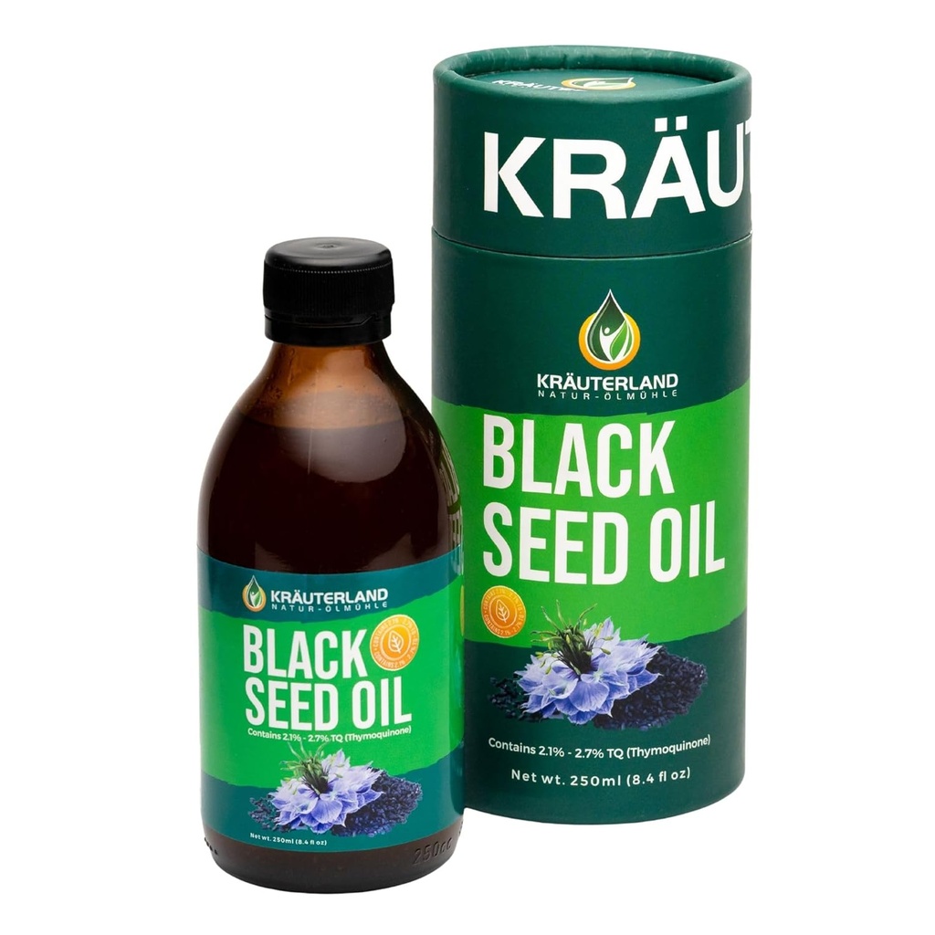 Kraeuterland - yeni bükülme kilit - sızdırılmadı - Doğal Siyah Tohum Yağı Sıvı 8.4 fl oz, Nigella Sativa Tohum Petrol, Yüksek Senmoquinone, Cold Pressed, Vegan, Gluten Free