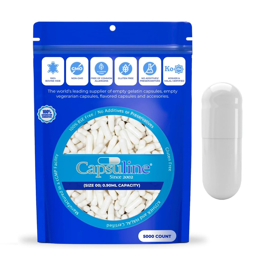 Capsuline Μέγεθος 000 - Χρωματιστά λευκά άδεια κάψουλες ζελατίνης - 5000 κόμης - Κενές κάψουλες τζελ - DIY καθαρό χάπι βοοειδών κάψουλα πλήρωσης - Κενά καπάκια - Kosher και Halal Certified - Μη ΓΤΟ Πιστοποιημένο