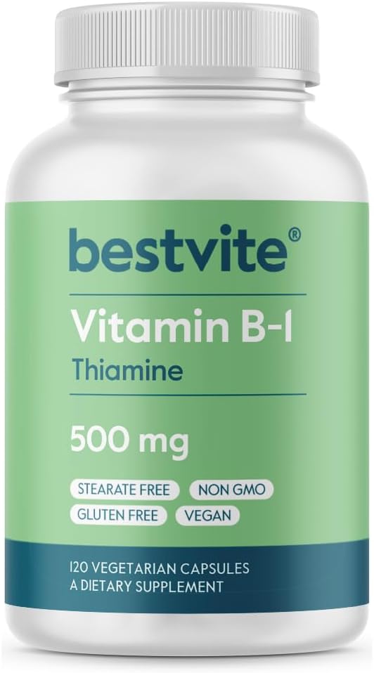 BESTVITE Vitamin B-1 (Thiamin) 500 mg (120 Vejetaryen Capsules) - No Stearates - Vegan - Yiyecek Karbonat - GMO - Gluten Free - No Silikon Dioksit