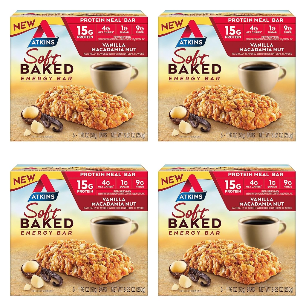 Atkins Vanilla Macadamia Nut Flavored Soft Baked Energy Bars, Yüksek Protein, Low Sugar, High Fiber Snack, Protein Snack, 4 Packs (4 Bars)