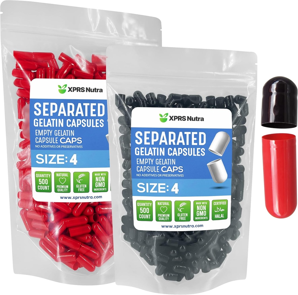 XPRS Nutra Gelatin Boyut 4 Ayrılı Kapsüller - 500 Kont Küçük Boş Kapsüller Çantada Ayrıldı - DIY Kullanılabilir Pill Caps - Boyutu 4 Gel Do-It- Yourself Vitamin and Supplement fill (Black/Red)