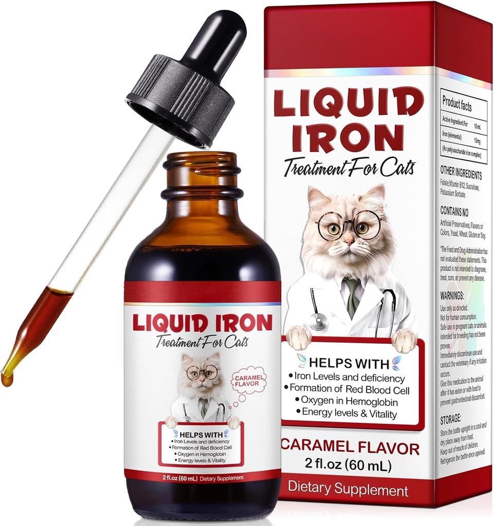Cats için Demir Supplements, 60ML Sıvı Demir, Folate ve B12 Destekleri Anemi, Low Enery Seviyeleri ve Lethargy, Red Blood Hücre Formasyon ve Kan Health