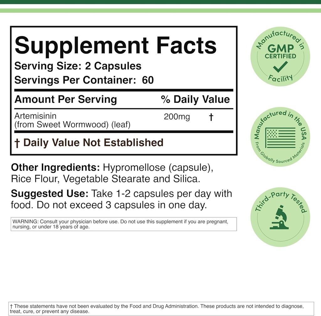 Artemisinin (Sweet Wormwood Cleanse) (Artemisia Annua) 200 mg Odada, 120 Capsules (İki Ay Supply) Vegan Güvenli, Non-GMO, Gluten Free (Immune Support) Double Wood tarafından