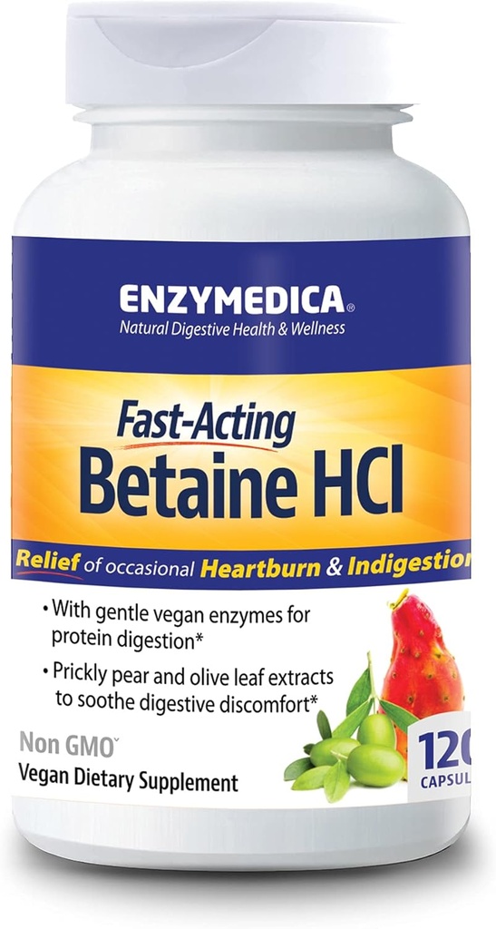Enzymedica, Betaine HCl, Occasional Heartburn ve Indigestion Support, 120 Capsules