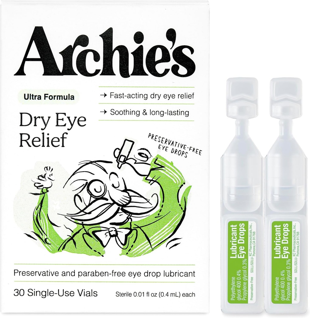 Archie's Remedies, Dry Eye Relief, Ultra Lubricating Eye Drops, Clean Formula and Preservative-Free Vials, Single-Use, for Irritation and Red Eyes, Natural Tears, 30 Count