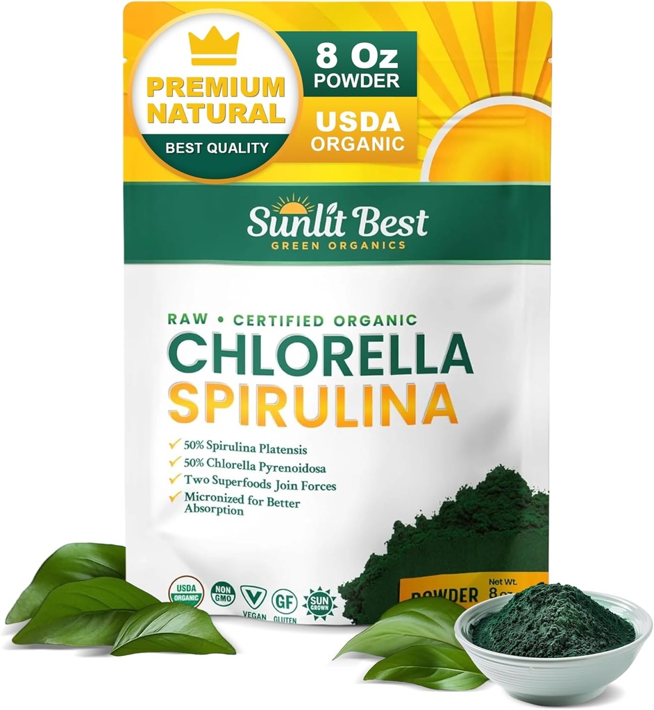 En İyi USDA Organik Klorella Spirulina Toz -% 100 Raw & Vegan Protein ve klorophyll Kaynağı | GMO & Gluten Free Superfood Energy Drink | Gut Health & Immune Support Supplement, 8 oz