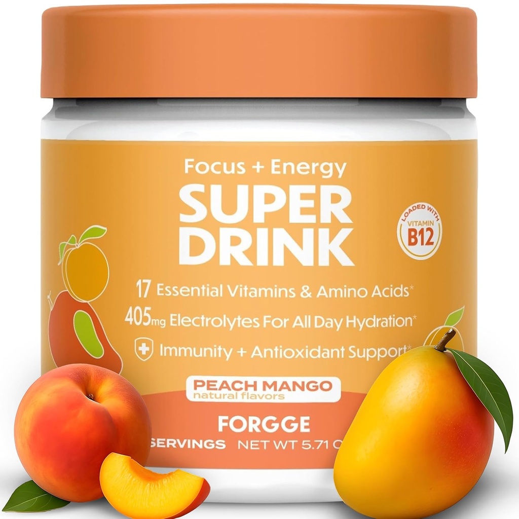 Forgge Energy ATM Super Drink - Clean Caffeine + B12, B6, C & D Vitaminleri - Şeker Free Energy Drink Toz, Antioksis, Lions Mane - Vegan, Swi-Friendly - 30 SVG, Peach Mango