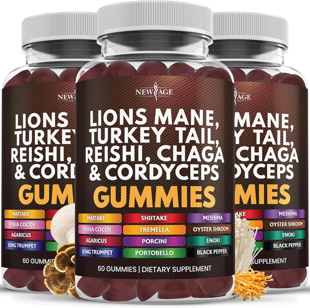 NEW AGE Mushroom Lion's Mane Supplement Gummies - Reishi, Cordyceps ile Kapsamlı Mushroom Supplement - 180 Count Count Count Count