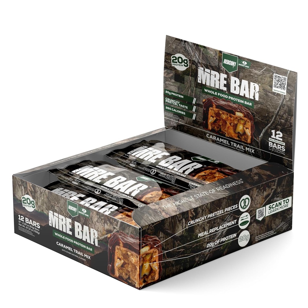 REDCON1 x Mossy Oak MRE protein Bar, Caramel Trail Mix - 20g of Whole Food protein + MCT Oil - Easy Digestible, Macro Balanced Low Sugar Meal Change Bar (12 Bar)