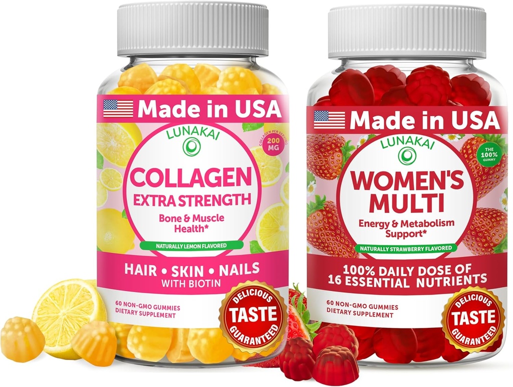 Lunakai Collagen and Women's Multivitamin Gummies Bundle - Συμπληρώματα Αντιγήρανσης χωρίς ΓΤΟ με Βιοτίνη, Ψευδάργυρο, Βιταμίνη C και Ε - 100% Καθημερινή Αξία 16 Ουσιαστικών Βιταμινών και Ορυκτών - 30 Ημέρες Προσφορά