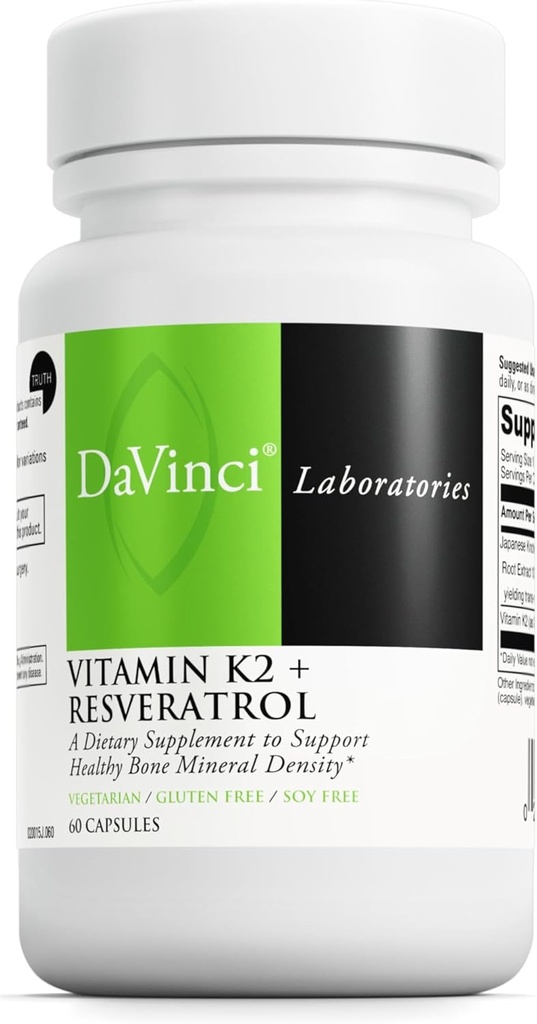 Davinci Labs Βιταμίνη K2 & ρεσβερατρόλη - Υγεία των οστών & Καρδιαγγειακό συμπλήρωμα με αντιοξειδωτική υποστήριξη* - Χορτοφαγική, χωρίς γλουτένη & χωρίς σόγια - 60 κάψουλες
