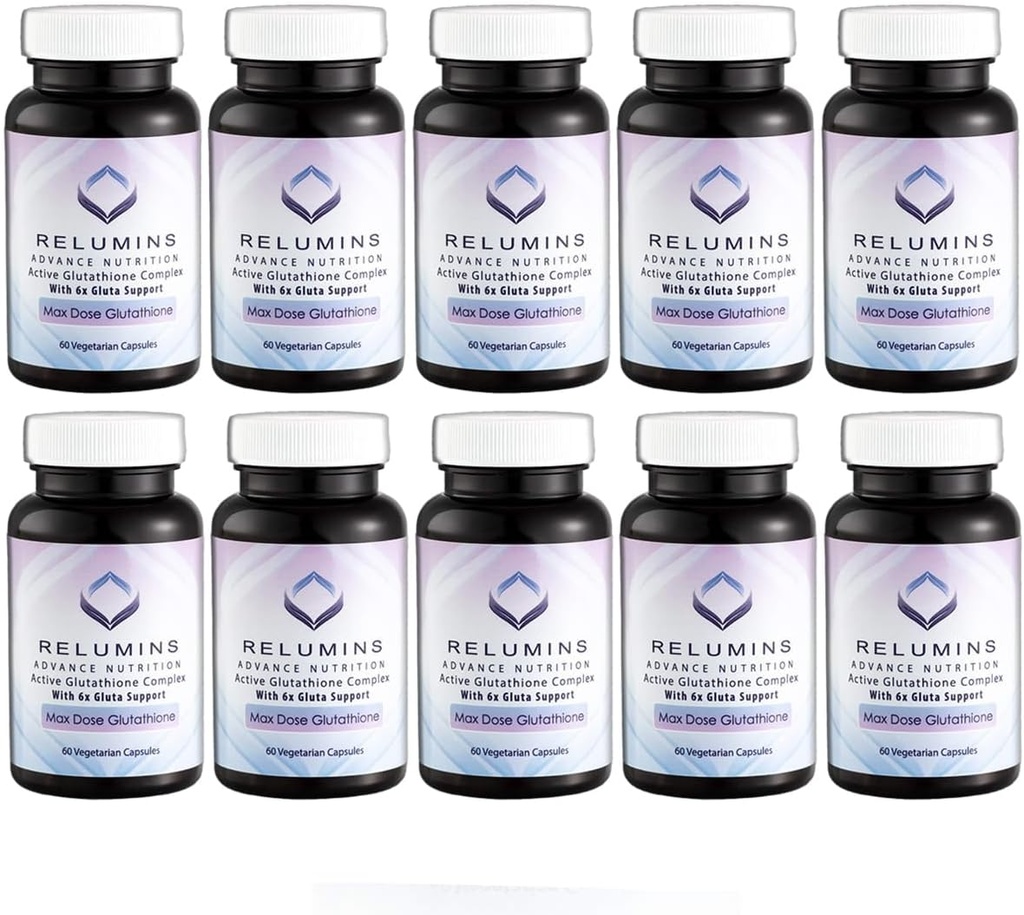 Relumins Advance White Active Glutathione Kompleksi - Max Dose 900 mg Glutathione with 6X Bransons, ALA & NAC - Anti-Aging Skin Brighting Supplement - 60 Caps x 10 Şişes