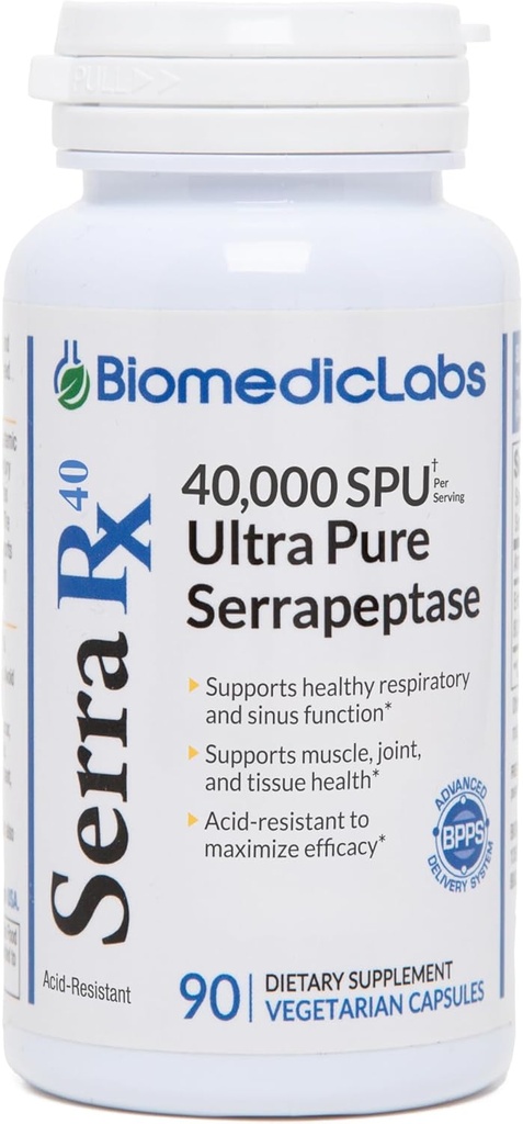 Serra-RX 40.000 SPU Serrapeptase - Asit-Resistant Proteolytic Systemic Enzyme, Non-GMO, Gluten Free, Vegan, 90 Veg Capsules