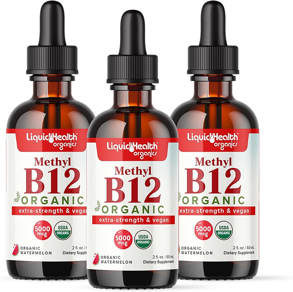LIQUIDHEALTH USDA Organic Methyl Vitamin B12 Methylcobalamin Liquid Drops with Tart Cherry Juice - Boost Energy, Immune Support, Improve Memory & Concentration - USA Made, Vegan, Non-GMO (3 Pack)