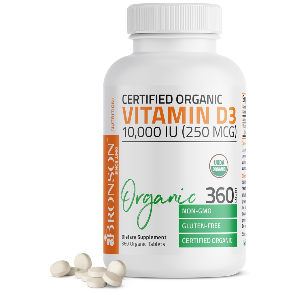 Bronson Vitamin D3 10.000 IU (250 mcg) sertifikalı Organik Yüksek Potency Non-GMO Vitamin D Supplement, 360 Tabletler
