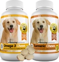 Amazing Combo Omega-3 Fish Oil and Turmeric Curcumin for Dogs - Pure All-Do Doğal Pet Antioksi - Shiny Coat, Brain Health, Eliminates Ortak Ağrı, 120 Tasty Chews x 2