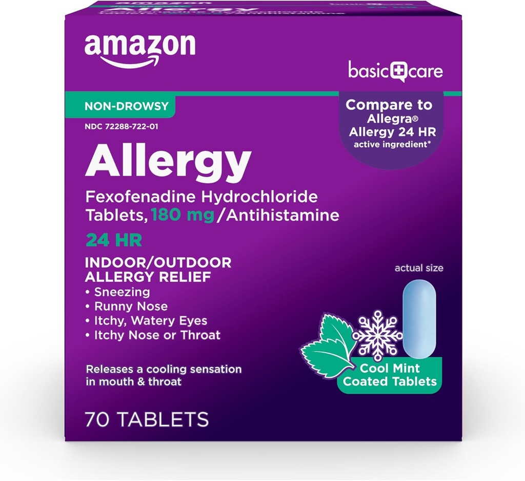 Temel Bakım Alerjisi Yardımı, 24 Saat, Fexofenadine Hydrochloride 180 mg, Non-Drowsy Antihistamine, Cool Mint Kaplamalar, 70 Count
