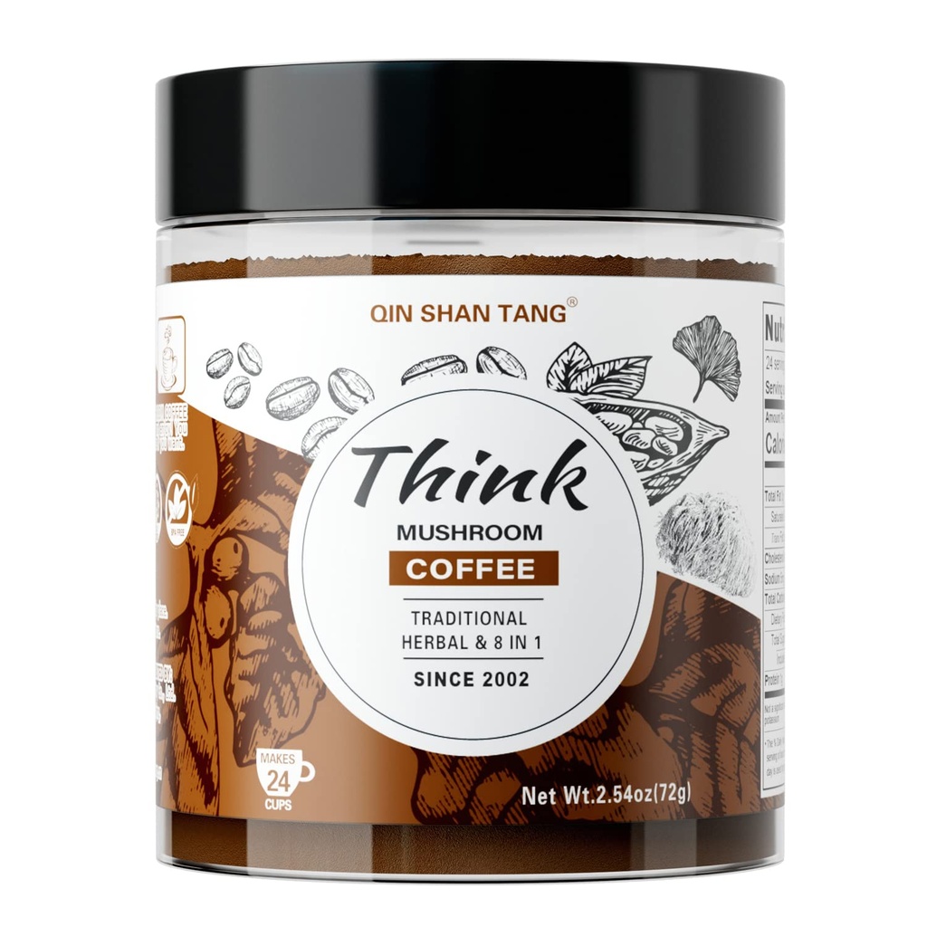 QIN SHAN TANG Mushroom Coffee for Brain and Focus, Traditional Formula, Lion's Mane, Ginkgo, Alpha-GPC, Bacopa, PS, L-Theanine, 24 Hizmet