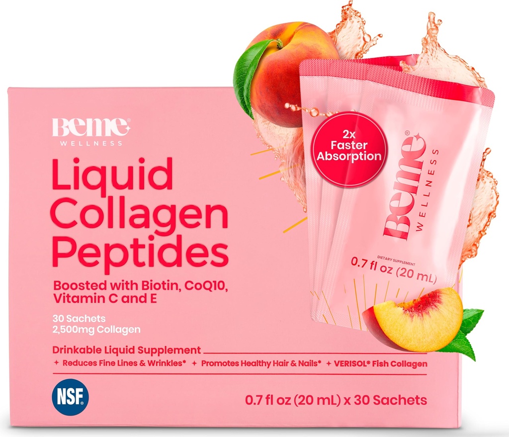 BeMe BeRadiant Liquid Collagen Peptide για τα μαλλιά, το δέρμα και τα νύχια με 2X ταχύτερη απορρόφηση – κλινικά ελεγμένο – 2500mg Verisol® υδρολυμένα συμπληρώματα κολλαγόνου για γυναίκες με βιοτίνη, CoQ10 & βιταμίνη C