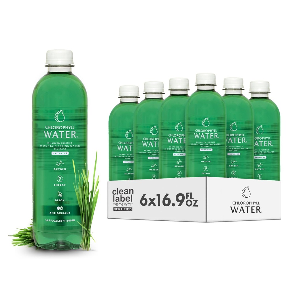 Chlorophyll Water – Sıvı Chlorophyll 6Pack (16.9oz) | Glowing Skin, Anti-Aging & Oksijen Boost | Vitamin A, B12, C, D | Vitamin Su | Temiz Etiket | Hydration Support