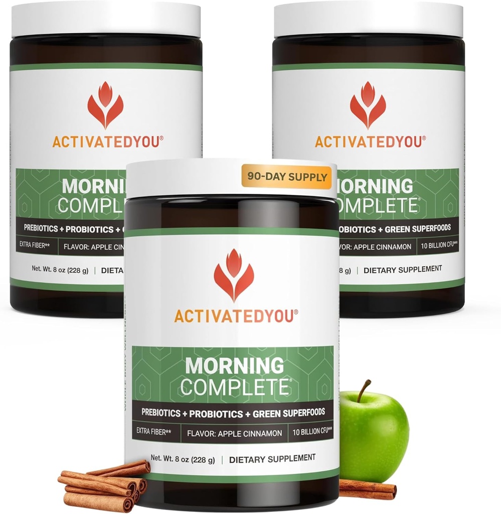 ACTIVATEDYOU Πρωϊνό Ολοκληρωμένο Καθημερινή Wellness Πράσινοι Superfood Drink Mix για Gut Health w/Prebiotics, Προβιοτικά, Αντιοξειδωτικά, Πράσινα Superfoods, 10 δισεκατομμύρια CFUs (3 Pack, Apple Cinnamon)