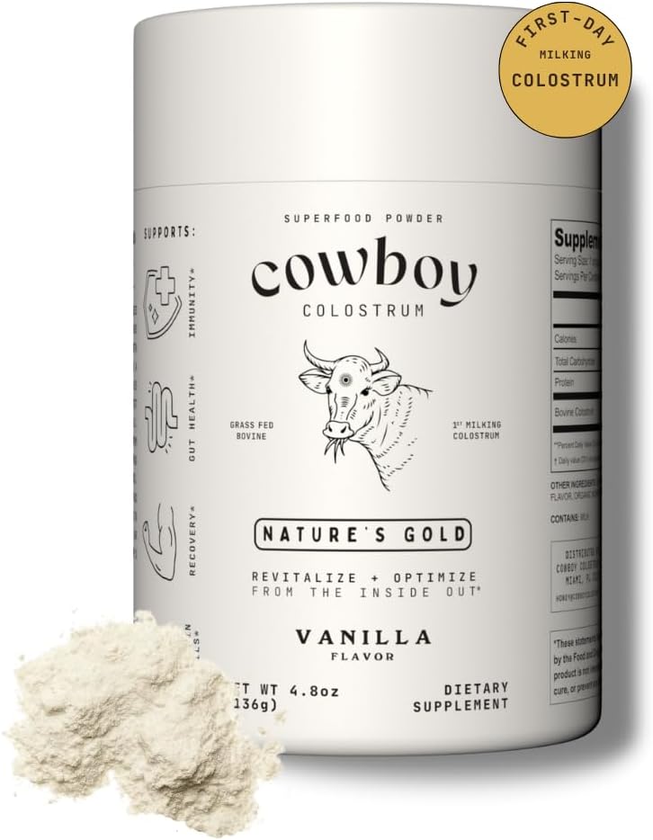 Cowboy Colostrum Powder - Bovine Colostrum Powder for Women & Men - Πρώτη μέρα Άρμεγμα Ολόκληρο Colostrum - Grass Fed Colostrum Supplement for Gut Health, Immunity, Skin & Hair (Vanilla 40 Servings)