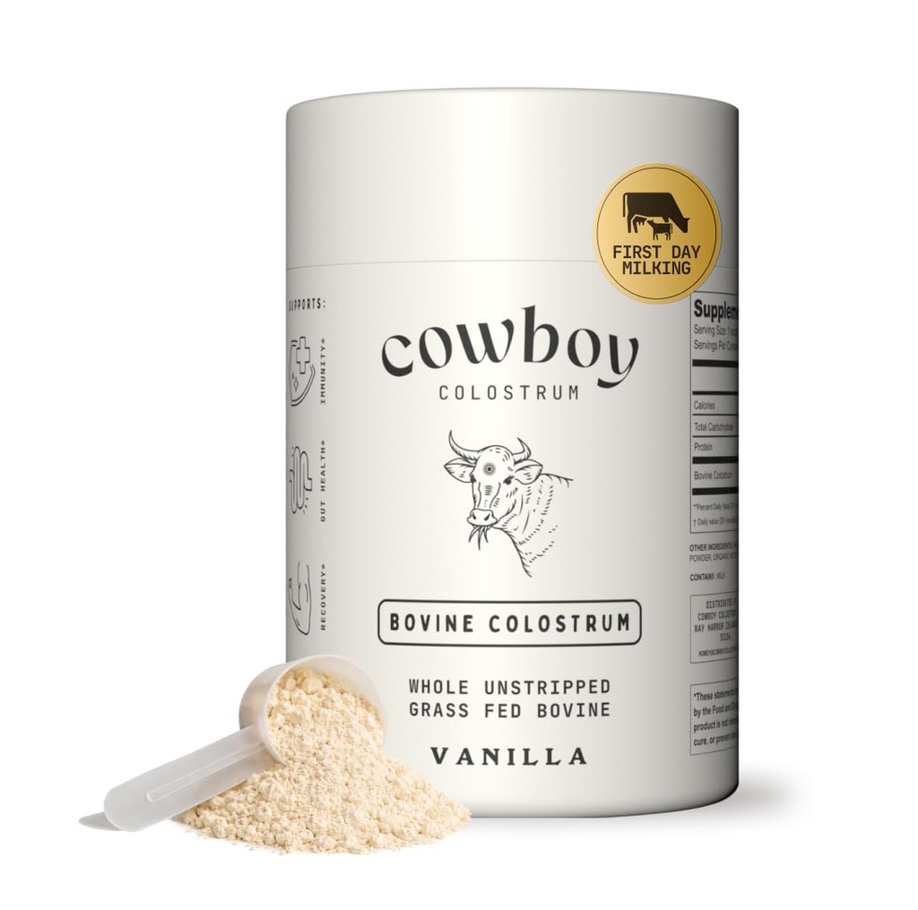 Kovboy Colostrum Toz - Kadınlar ve Erkekler için Bovine Colostrum Toz - İlk Gün Sütlü Tüm Colostrum - Grass Fed Colostrum Supplement for Gut Health, Immunity, Skin & Hair (Vanilla 40 Hizmet)