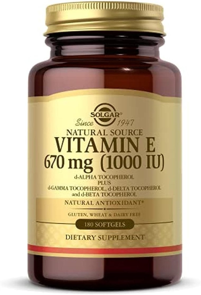 Solgar Vitamin E 670 mg (1000 IU), 180 Softgels - Doğal Antioksi, Skin & Immune System Support - Doğal Kaynaklanan Vitamin E - Gluten Free, Dairy Free - 180 Servisler