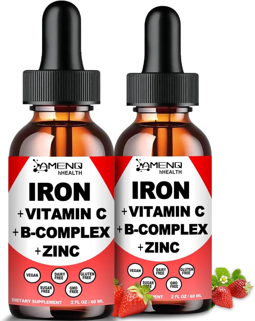 2 Pack Liquid Iron Supplement w/ Vitamin C, A, B-Complex, Vegan Iron Drops Kadınlar, Erkekler ve Çocuklar için Yüksek Potency Sıvı Vitamin & Demir Supplements - Red Blood Hücre, Enerji, Anemi & Fatigue