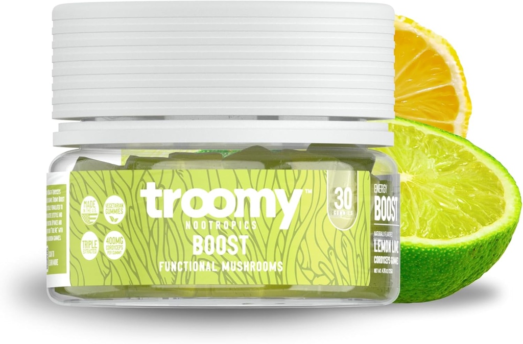 Troomy Boost Cordyceps All Natural Mushroom Gummies - Supports Active Lifestyle & Hyper Focus - Lemon Lime - 30 Count Count Count