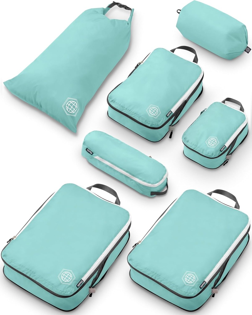 Travel-Packing Cube Bagaj Organize 7 Adet Kontrollü Bagaj-Ultra ışığı için Setleri için Büyük Kompresyon Çantaları TRIPPED Travel Gear (DutyTeal/Beyaz)