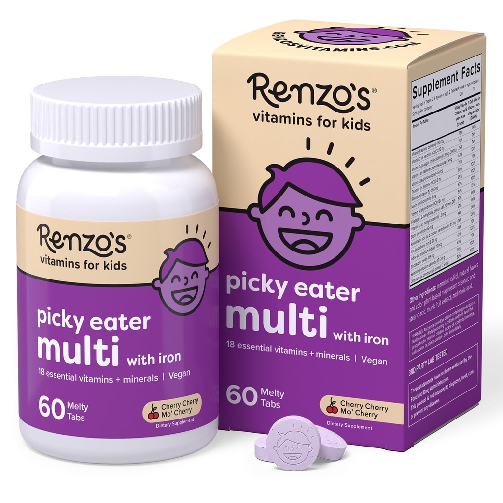 Renzo'nun Picky Eater Çocuklar Demir ile Çokvitamin, Çocuk Vitamin D3 & K2 ve Daha Fazlası, 60 Sugar-Free Melty Tabs, Cherry Mo' Cherry Flavored