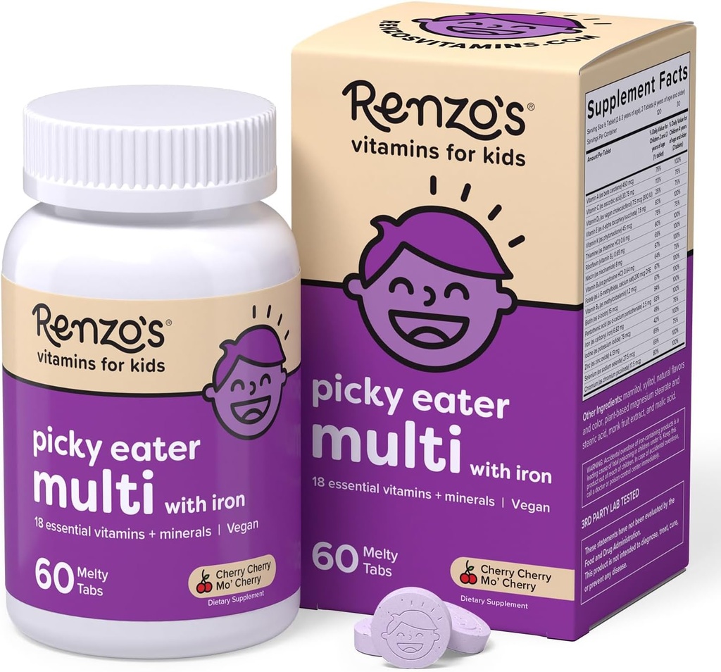 Renzo's Picky Eater Kids Πολυβιταμίνη με σίδηρο, Διάλυση Παιδικές Βιταμίνες με βιταμίνη D3 & K2 και άλλα, 60 Sugar-Free Μελάτες, Cherry Mo’ Cherry Γεύση