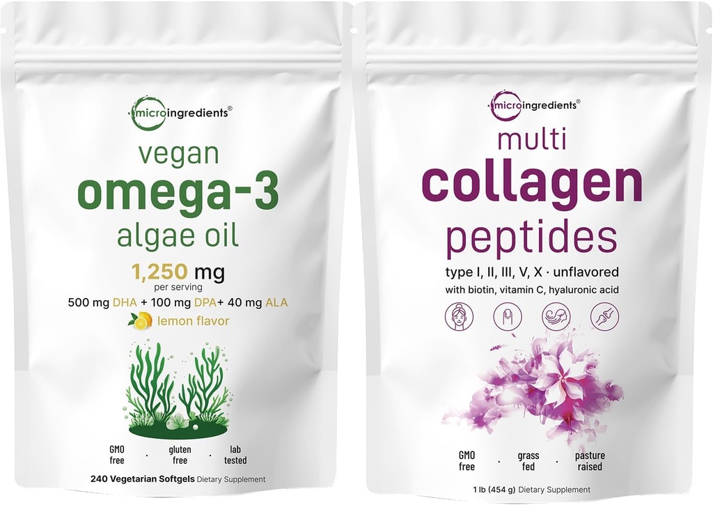 Mikro Malzemeler Multi Collagen Protein Toz 16oz & Vegan Omega 3 Algae Oil Supplement Sche 2 Pack | Grass-Fed Collagen Peptides | Omega-3 Full Spectrum Alternative to Fish Oil Oil