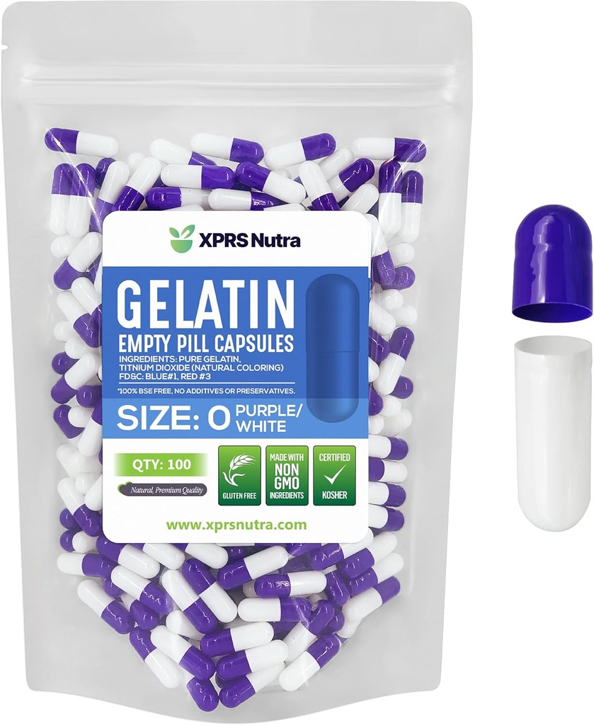 XPRS Nutra Μέγεθος 0 Κενές κάψουλες - 100 Count Empty Gelatin Κάψουλες - Χάπια DIY Καψάκιο Γέμισμα - Καθαρά Καπάκια τζελ για Βοοειδή Χάπια για Συμπληρώματα Do-It-Yourself (Purple/White)