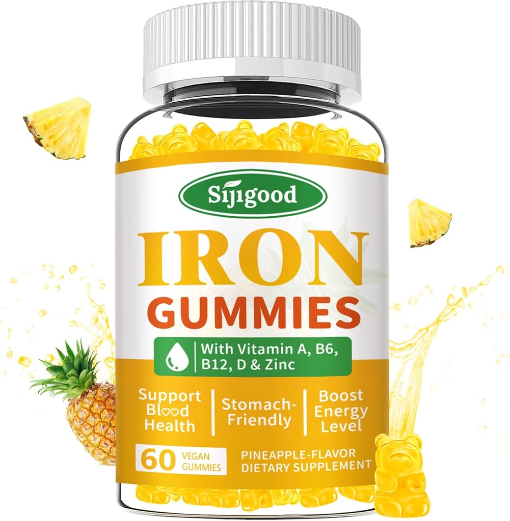 Kadınlar ve Erkekler için Demir Gummies - Anemi & Iron Deficiency, B12 Vitamin C, çinko, Folate - Energy Boost, Sugar-Free, Pineapple Flavor, 60 Count