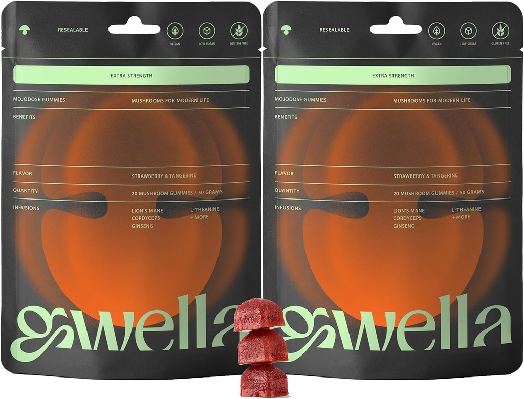 Gwella Focus Gummies with Lion's Mane, Panax Ginseng, Ginger Root, Cordyceps, SAM-e, and Nootropics, Energy and Focus Supplement, Vegan, Strawberry Tangerine (20 Count - Pack of 2)