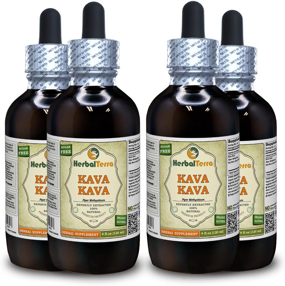 Κάβα Κάβα (Piper Methysticum) Βάμμα, Αποξηραμένο Υγρό Ρίζας Εκχύλισμα (Όνομα: HerbalTerra, Περήφανα Κατασκευασμένο στις ΗΠΑ) 4x4 fl.oz (4x120 ml)