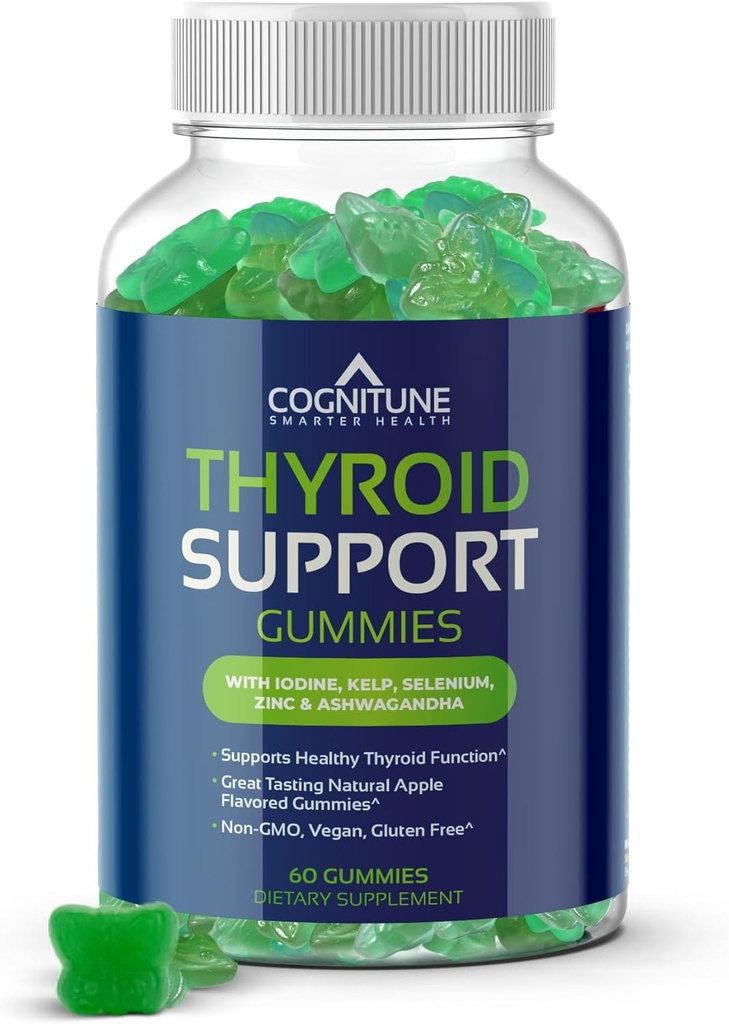 Θυρεοειδής υποστήριξη Gummies για γυναίκες & άνδρες – Μη-GMO, Vegan, Gluten-free, με ιώδιο, Kelp, Ashwagandha, ψευδάργυρος, σελήνιο και πολλά άλλα – Φυσικό συμπλήρωμα θυρεοειδούς γεύσης μήλου για υποθρυοειδισμό