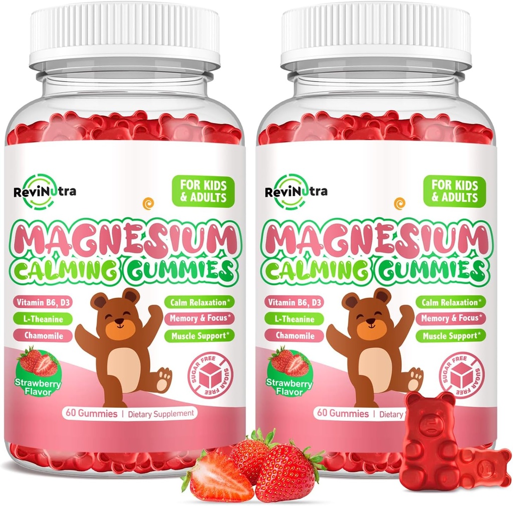 Çocuklar için Magnezyum Glycinate Gummies, L-Theanine, Vitamin B6, D3 for Kids & Yetişkinler, Calm Magnezyum for Sleep Relaxation,Brain,Bones,Sugar Free Strawberry 120ct