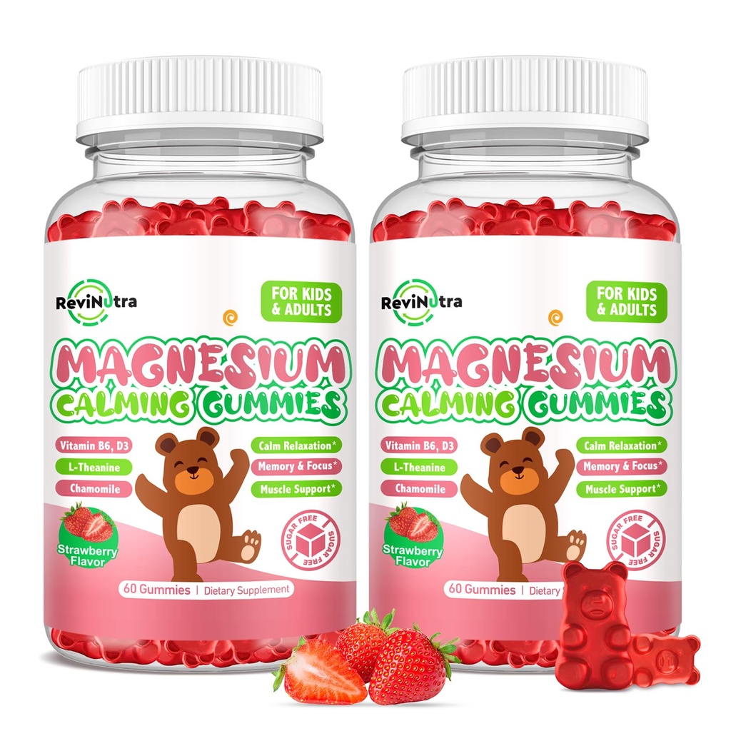 Παιδικά Γλυκαντικά Μαγνήσιο Glycinate Gummies, Συμπλήρωμα Μαγνησίου με L-Θεανίνη, Βιταμίνη Β6, D3 για παιδιά & ενήλικες, Ήρεμο Μαγνήσιο για χαλάρωση ύπνου, Μπρέιν, Μπόνες, Χωρίς ζάχαρη Φράουλα 120ct