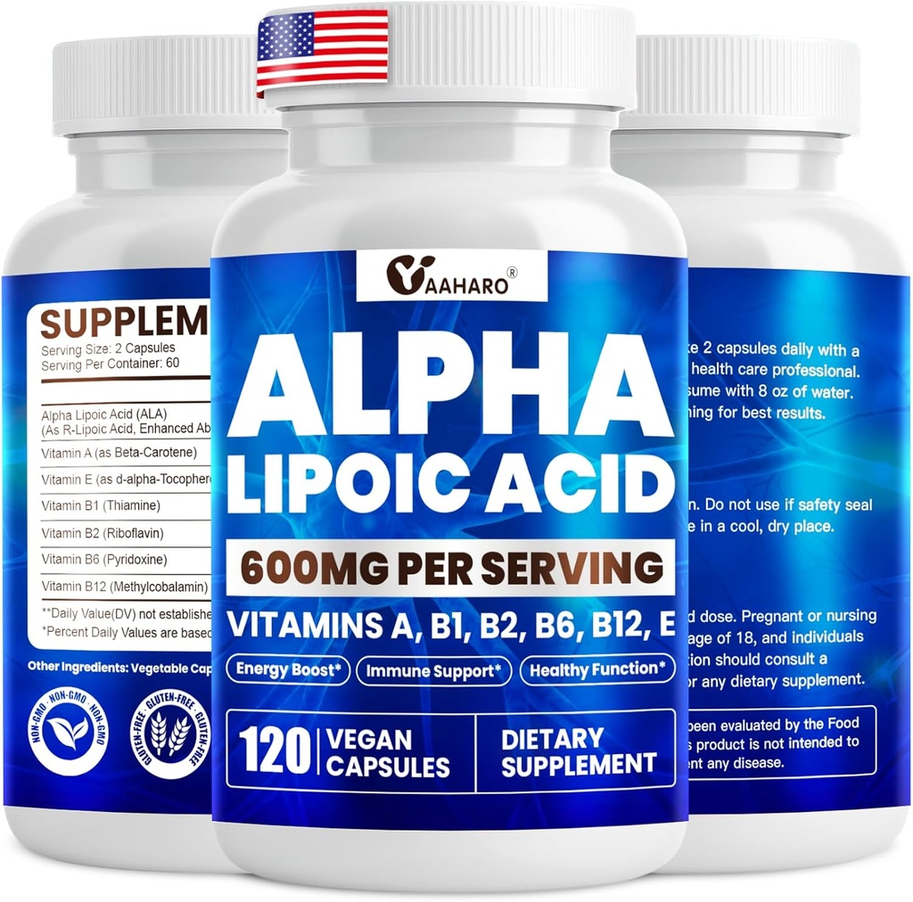 Alpha Lipoic Acid 600 mg, ALA Supplement for Energy Boost, Immune Support, Sağlıklı Fonksiyonl ve Geliştirilmiş Aborpsiyon, R-Alpha Lipoic Asit Temel Vitaminler ile 120 Capsules