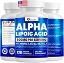 Alpha Lipoic Acid 600 mg, ALA Supplement for Energy Boost, Immune Support, Sağlıklı Fonksiyonl ve Geliştirilmiş Aborpsiyon, R-Alpha Lipoic Asit Temel Vitaminler ile 120 Capsules