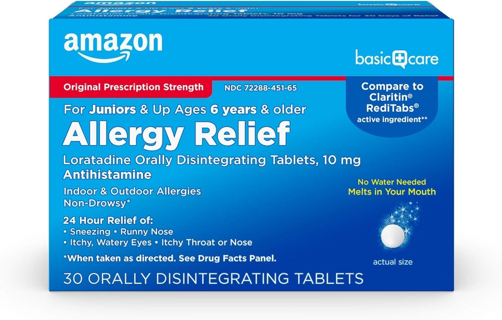 Temel Bakım 24 Saat Çocuk Alerji ilacı, Loratadine Orally Disintegrating Tabletleri, 10 mg, Antihistamin, 6+, 30 Count