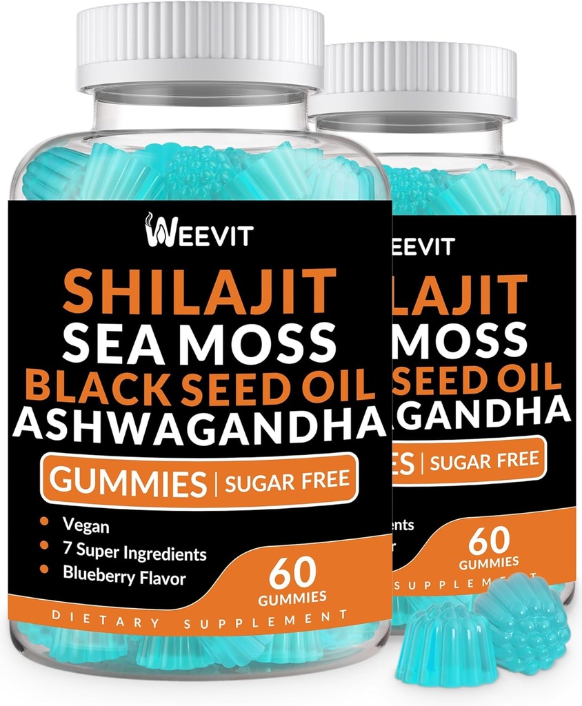 Shilajit Sea Moss Ashwagandha Gummies with Turmeric, Black Seed Oil, C D for Men & Women, Shilajit ve Ashwagandha Gummy, All in 1 Supplements for Immune, Abxia & Energy Support