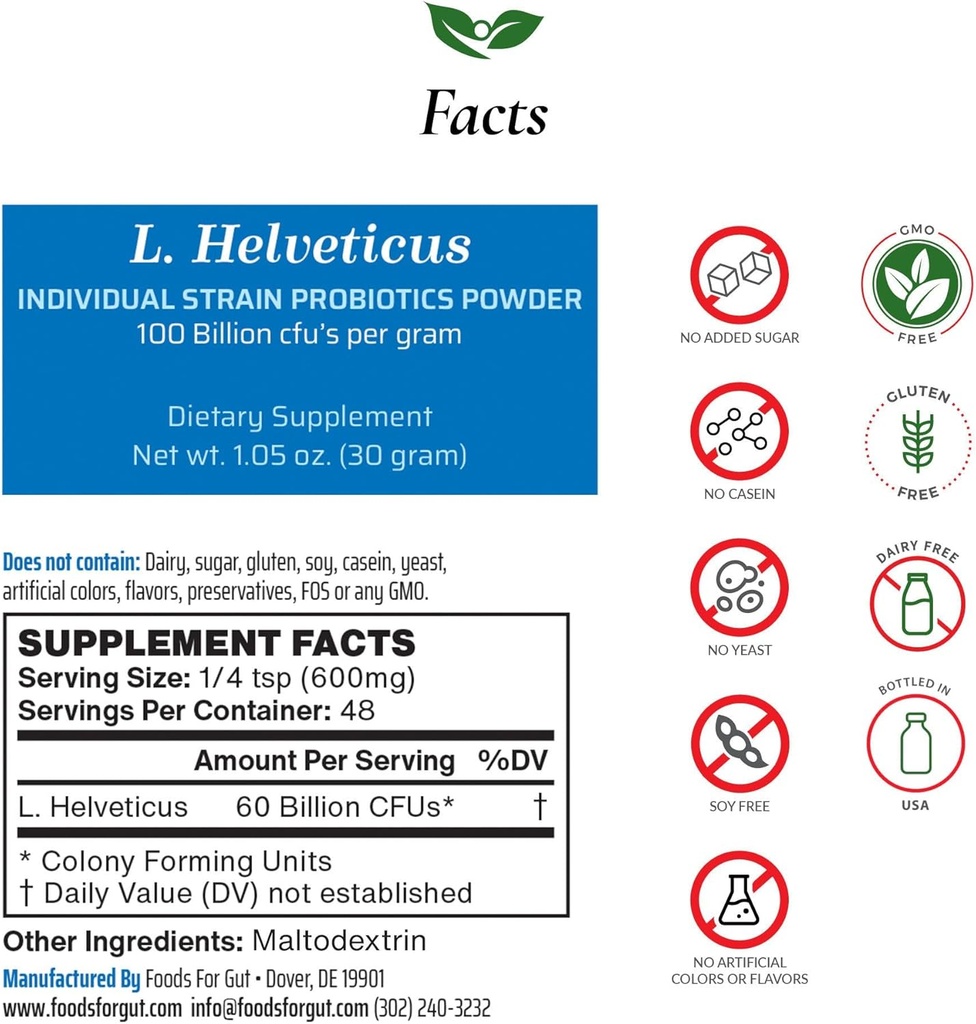 Gut Lactobacillus Helveticus Probiyotik Toz 100 Milyar cfu'nun | No Katkı | Üreticiden Doğrudan | Üçüncü Taraflı Depolama | Immune Support | L. Helveticus | 30 Grams (1.05 Oz)